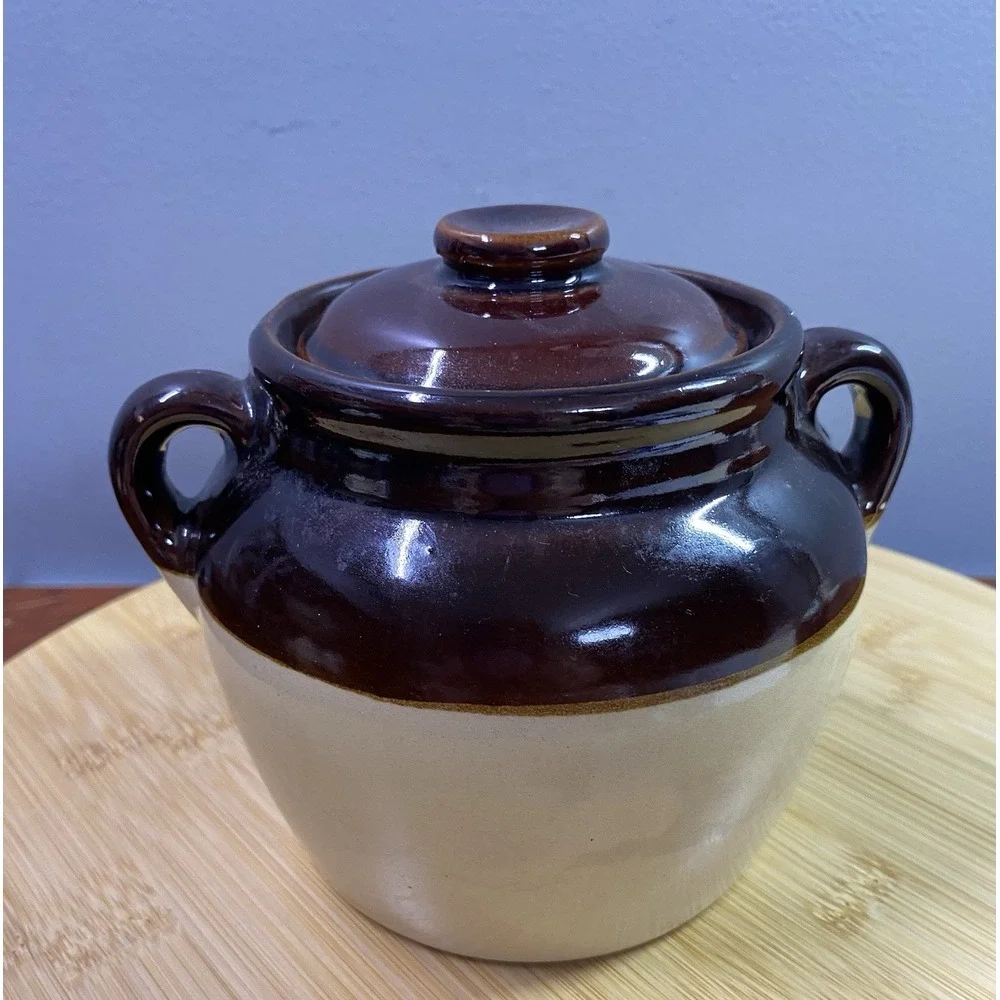 Orangeville Brown & Cream Crock with lid Made‎ in the USA 4.5